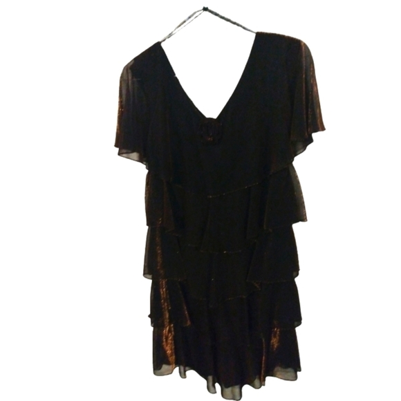 Patra Shimmering Bronze Tiered Scalloped w. Rose Accent Pull On Midi Dress Sz.10 - Picture 1 of 11